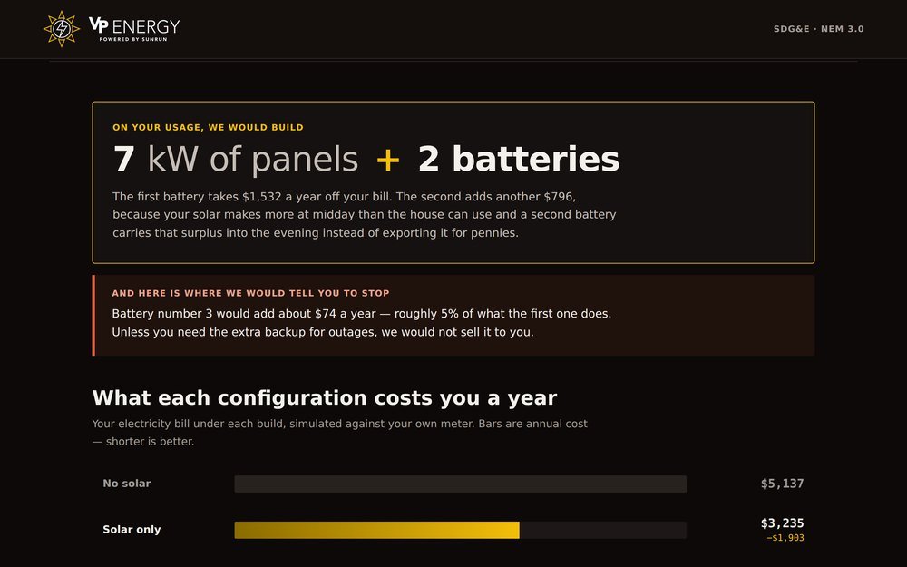 Battery configurator showing four build options priced against a year of meter data
